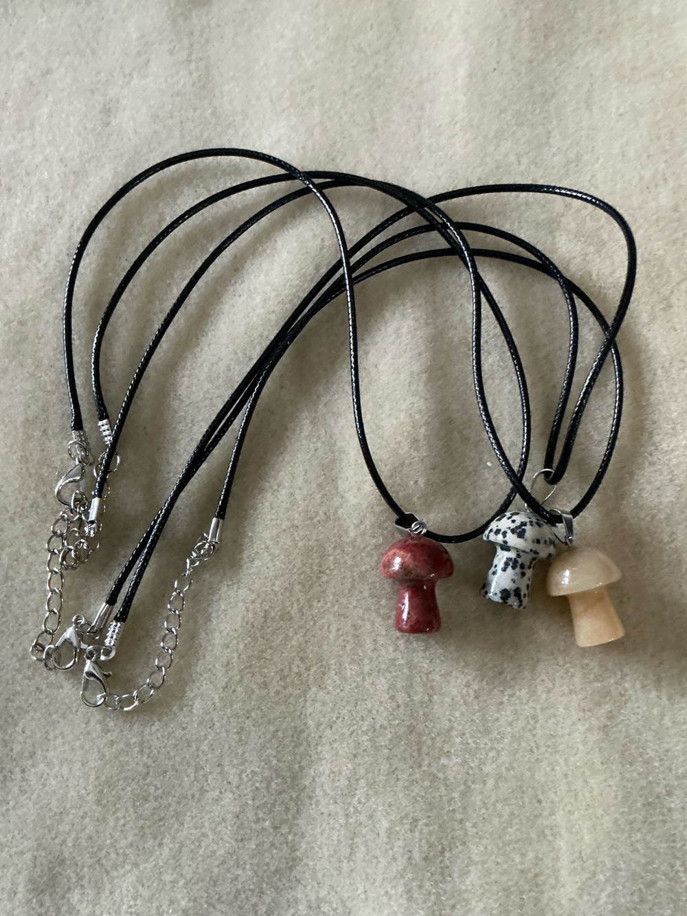 Polished Stone Mushroom Pendant Necklace - Black Cord (Set of 3)